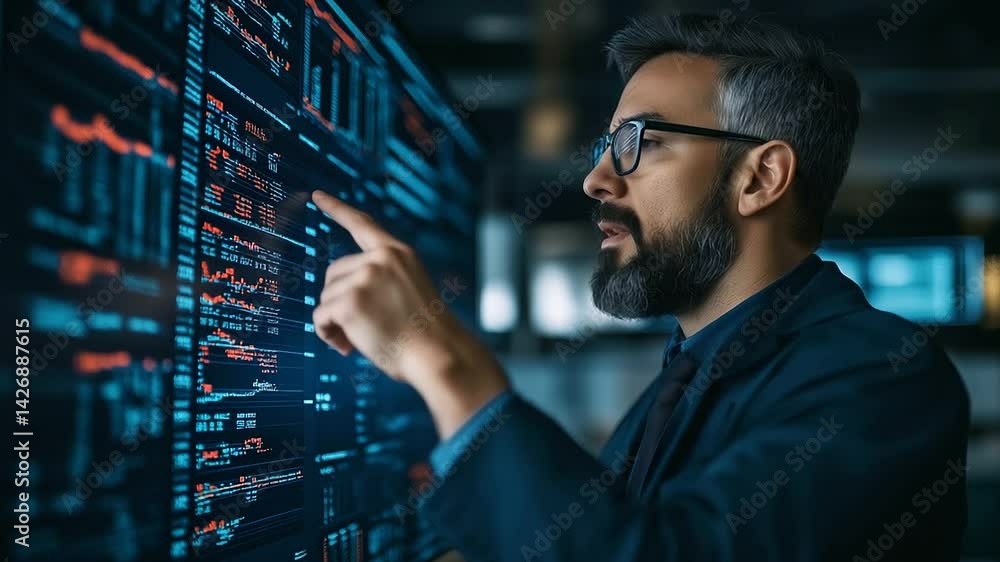 Poster a stockbroker in a modern office points at real-time trading data on screens, analyzing fluctuations