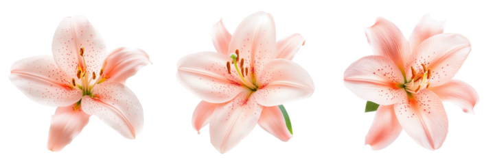 Set of A close-up shot of a pink lily with soft, delicate petals and a vibrant pink center on transparent png background. Ai generated