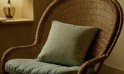 A wicker chair with a blue cushion in a room, suitable for interior design or home decor inspiration