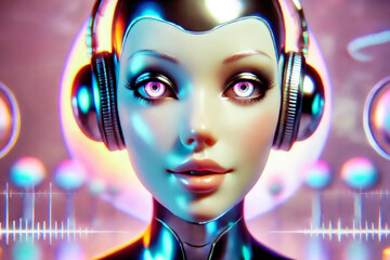 Futuristic female android with glowing eyes and headphones listens to music in a neon-lit environment filled with vibrant colors and digital sound waves.