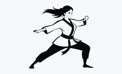 karate woman silhouette, martial arts pose, black vector illustration