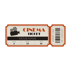 Cinema ticket template in vintage colors. Retro movies admission. Movie theatre access coupon with text stylisation