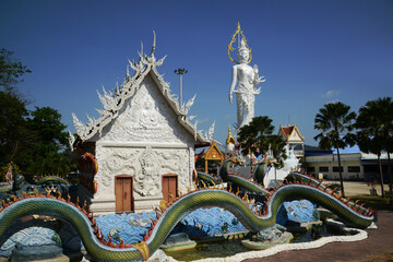 Phra Phutthaphon Sri Asvamuni, a 28-meter-high standing Buddha statue bestowing blessings at Wat Nong Jab Tao. Located at Chon Buri Province in Thailand.