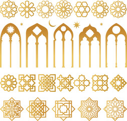 Arabic golden vector arches bundle. Arabian ornament. Doors and windows templates for design