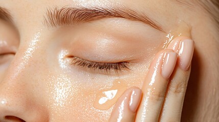 Woman massaging facial oil into skin, golden hour lighting, droplets on fingertips