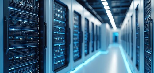 Futuristic data center with AI-powered servers. Innovation in digital tech design, performance. Servers hall with bright lights. Modern business, urban architecture.