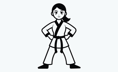 karate woman silhouette, martial arts pose, black vector illustration