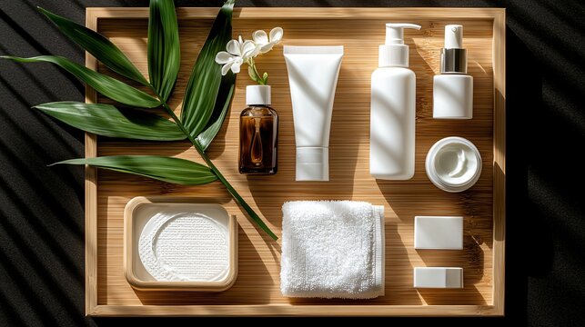 7-step Korean skincare routine displayed on bamboo tray: oil cleanser, foam cleanser, exfoliator, toner, essence, sheet mask, moisturizer