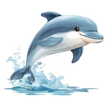 A cartoon dolphin jumping out of the water smiling, isolated on a white background
