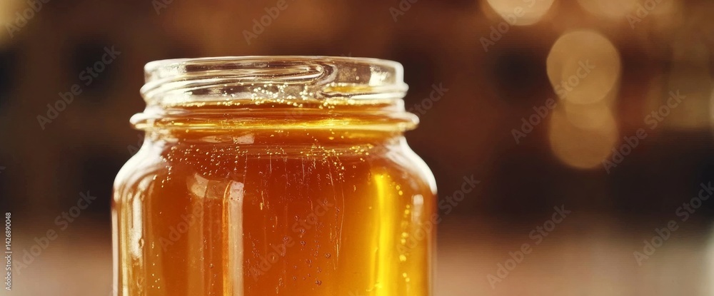 Poster a gleaming jar of honey is displayed up close, showcasing its rich texture and color. the warm light