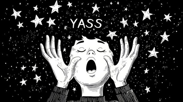 A joyful child in a cosmic setting, expressing excitement under a starry sky with the word 'YASS'.