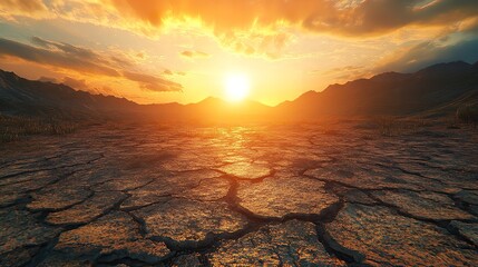 A dramatic sunset over a dry, cracked landscape, with vibrant orange and red hues illuminating the sky and the ground