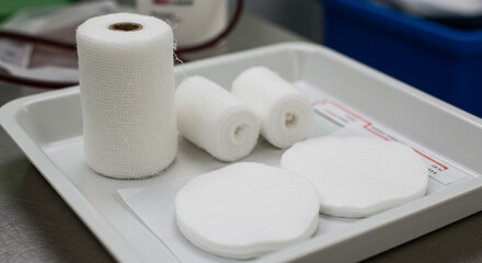 A white tray with medical supplies including rolls and pads of cotton or gauze for wound care use
