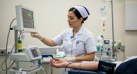 A nurse in uniform adjusting a medical monitor next to a patient donating blood in a hospital room
