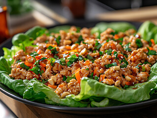 a plate of lettuce wraps topped with ground chicken, peanuts, sesame seeds, and sliced green onions, all drizzled with a sauce. The lettuce wraps are arranged in a row on a black plate