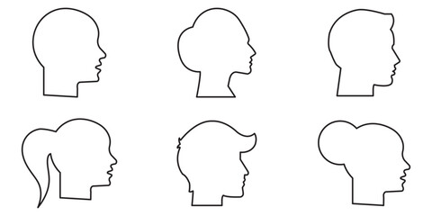 vector set, Vector illustration of silhouette man and woman portrait in profile. Male and female head on a white background side view.