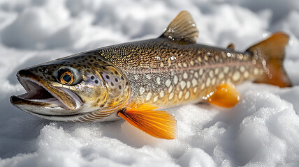 Colorful Speckled Brook Trout Fish Lying on White Snow, Orange Fin, Eye