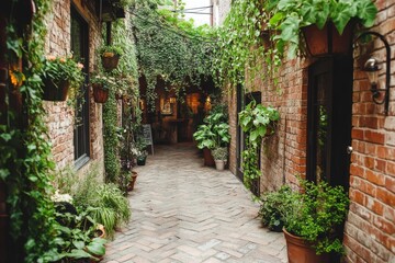 Obraz premium Old brick alleyway transformed with hanging plants and ivy-covered walls, blending history with nature 
