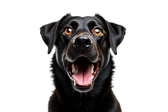 Shocked black dog with wide eyes and open mouth, glossy fur, photorealistic studio shot, isolated on transparent background. Ideal for marketing, advertising, social media reaction,