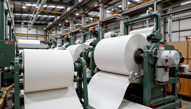 The modern paper mill factory is equipped with state of the art machines that efficiently turn wood pulp into large rolls of paper, which are then used for a variety of applications such as printing