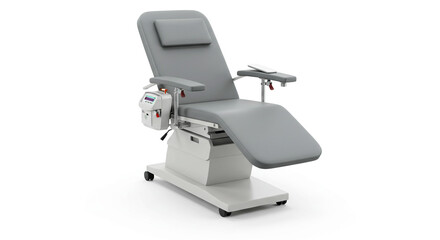 A gray medical chair with armrests and a control panel on a white background in a studio shot
