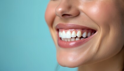 Obraz premium Beautiful healthy smile woman with white teeth closeup. Perfect teeth dental care, tooth whitening, dental clinic service advertisement. Smiling face, lip, make-up. Aesthetic dentistry, cosmetic