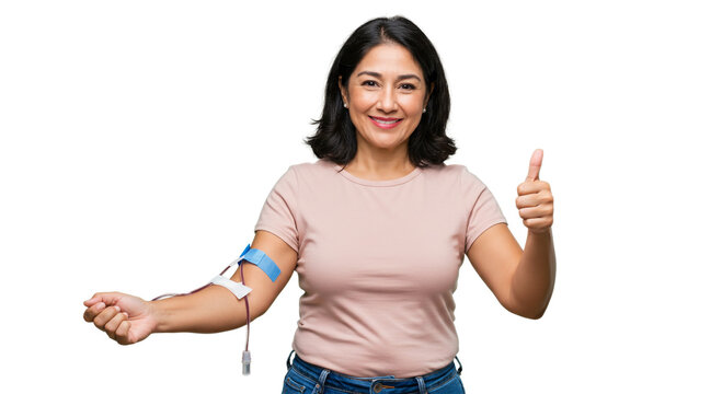 Woman smiling and giving a thumbs up after donating blood with a blood donation kit on her arm