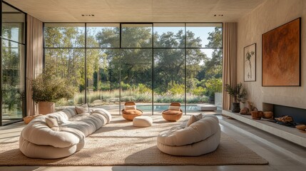 Fototapeta premium open-concept living space with pastel tones, cozy armchairs, soft textiles, natural light coming through a large glass window 