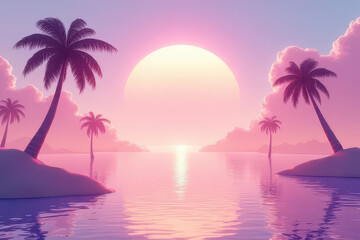 Whimsical Sunset Dreamscape: Pastel Candy Colors in Lemon-Lavender Sky with Floating Palm Trees in Surreal Abstract Scene