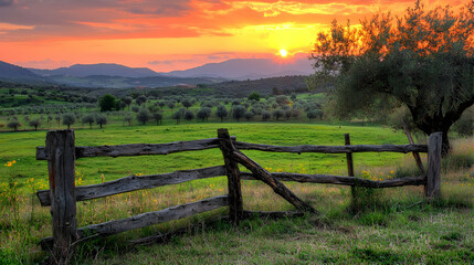 Fototapeta premium Rustic Countryside Fence at Sunset