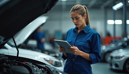 Woman mechanic checks car engine, using tablet. Automobile service technician in workshop. Modern auto repair, vehicle maintenance. Confident female engineer inspects auto.