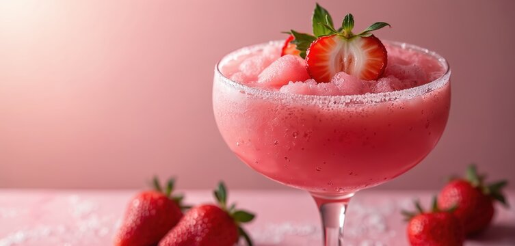 Refreshing strawberry Frose cocktail in elegant glass. Pink alcohol drink, slushy smoothy beverage, summer bar or party, cold refreshment. Fresh berries, ice crystals on surface.
