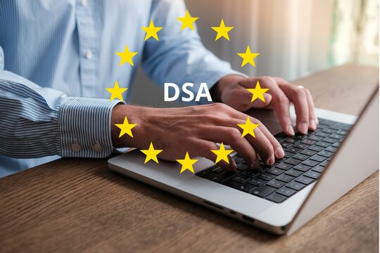 DSA (Digital Services Act) introduced by the European Union. New rules for online safety, content moderation, and platform transparency. Concept.