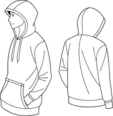 Front and Back Views of Blank Hoodie Design Sketch in Black and White