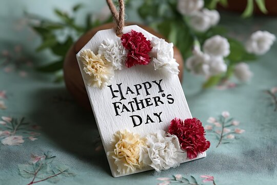 A "Happy Father's Day" message written on a botanical paper tag, surrounded by abstract triangular clusters of red, white, and yellow carnations, placed on a soft green fabric with a botanical design.
