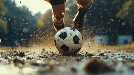 A thrilling moment in a soccer game shows a ball being kicked with impressive speed, highlighting the power and precision of the athlete's strike.