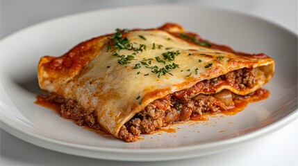 Delicious Lasagna Portion Served on White Plate Garnished With Parsley