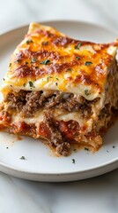 Delicious Homemade Lasagna Portion with Beef and Cheese on a Plate, Close Up