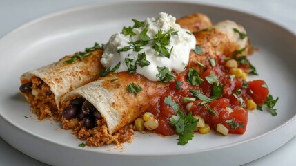 Savory Black Bean Enchiladas Topped with Salsa, Sour Cream, and Cilantro