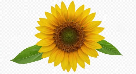 Fototapeta premium Yellow Sunflower Green Leaves Isolated Transparent Background PNG Helianthus Annuus Flower Summer Bloom