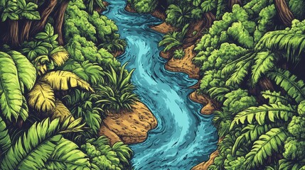 Fototapeta premium A tranquil river flows through a lush wooden forest, depicted in a detailed illustration.