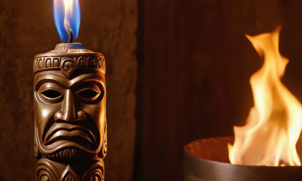 A candle with a face next to a bowl of flames