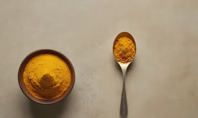 Fototapeta premium A simple and healthy snack setup with a bowl of turmeric and a matching spoon