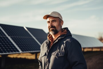 portrait of a middle aged man engineer standing in front of solar panels on farm