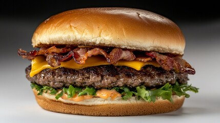 Delicious Bacon Cheeseburger with Fresh Lettuce and Spicy Sauce on a Bun