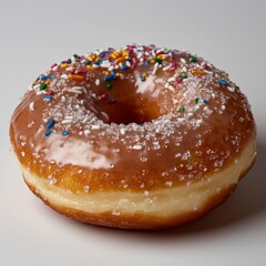 Delicious Donut with Caramel Glaze, Sprinkles and Sugar Crystals, close up shot