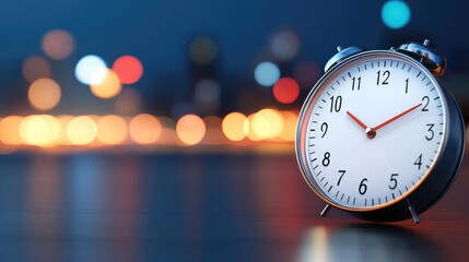 Alarm clock telling time on soft bokeh background