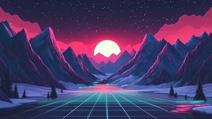 Naklejka premium A vaporwave-style illustration blends mountains and cities with retro-futuristic aesthetics.