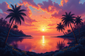 Stunning Oil Painting Landscape: Island Sunset with Textured Sky and Tropical Trees
