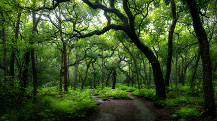 Dense Lush Forest Path With Lush Green Trees
